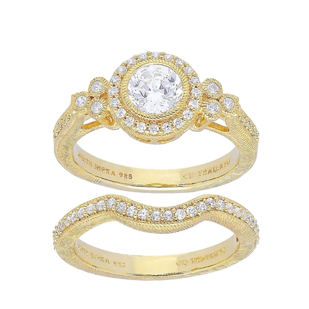 Judith Ripka 3.26ctw Round Bella Luce 14k Gold Clad Halo Ring Set Size 5 NWT